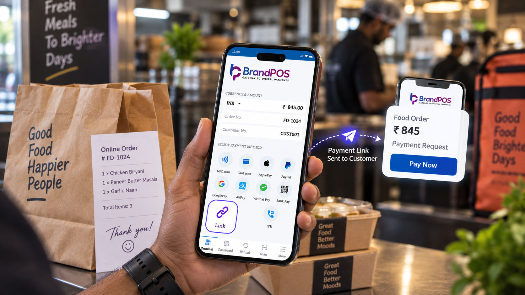 BrandPOS Link payment option used for an online food delivery order